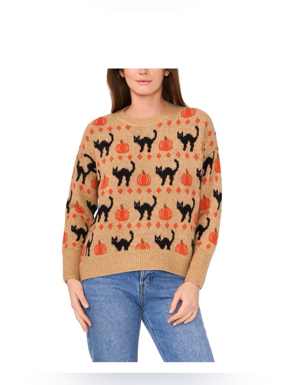 Vince Camuto Women’s Tan Halloween Cat & Pumpkin Crewneck Sweater Size XL Cozy